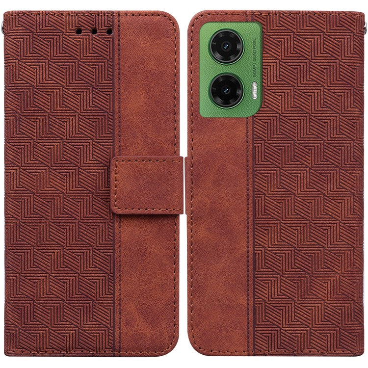 For Motorola Moto G35 5G Case Geometry Pattern Leather Wallet Phone Cover - Brown
