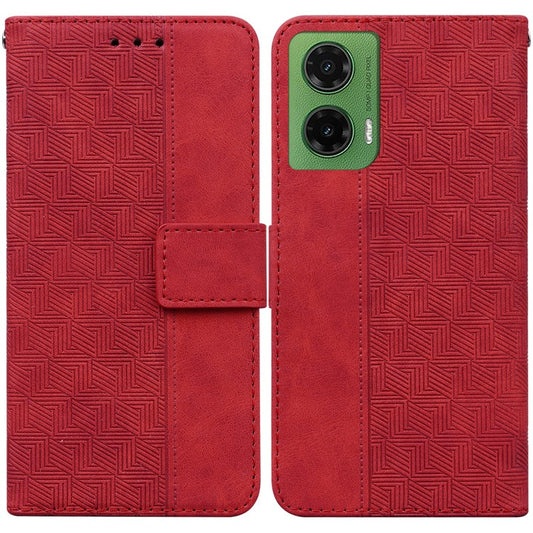 For Motorola Moto G35 5G Case Geometry Pattern Leather Wallet Phone Cover - Red