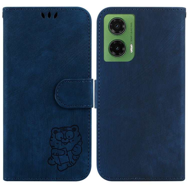 For Motorola Moto G35 5G Wallet Case Tiger Imprint Leather Shockproof Phone Cover - Dark Blue