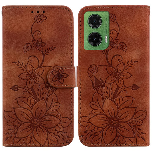 For Motorola Moto G35 5G Case Lily Flower Imprint Leather Phone Cover with Stand - Brown