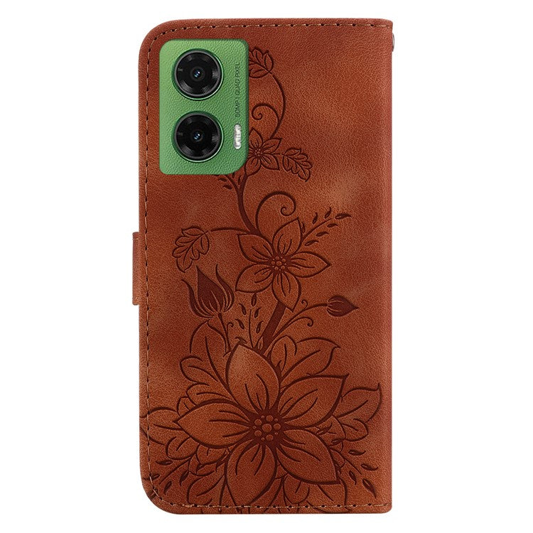 For Motorola Moto G35 5G Case Lily Flower Imprint Leather Phone Cover with Stand - Brown