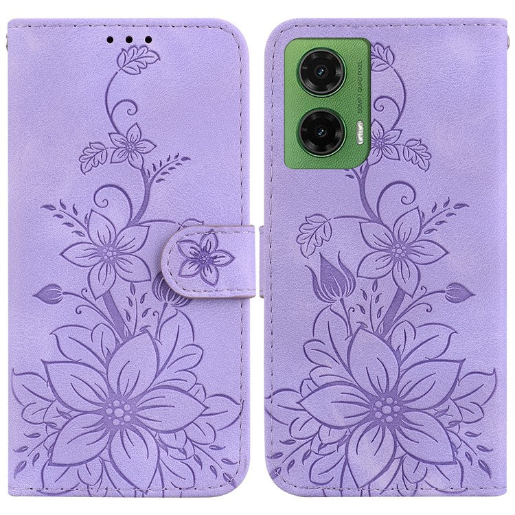 For Motorola Moto G35 5G Case Lily Flower Imprint Leather Phone Cover with Stand - Purple