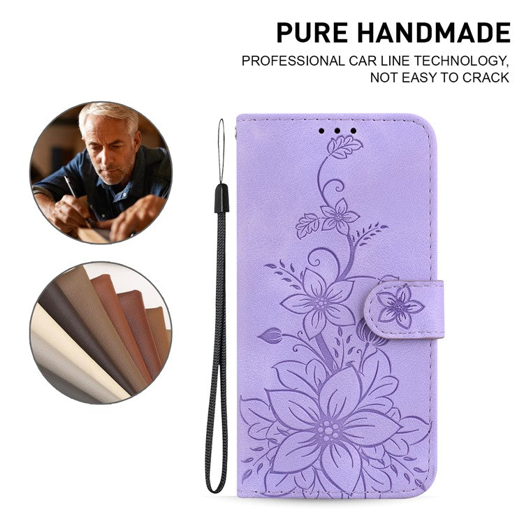 For Motorola Moto G35 5G Case Lily Flower Imprint Leather Phone Cover with Stand - Purple