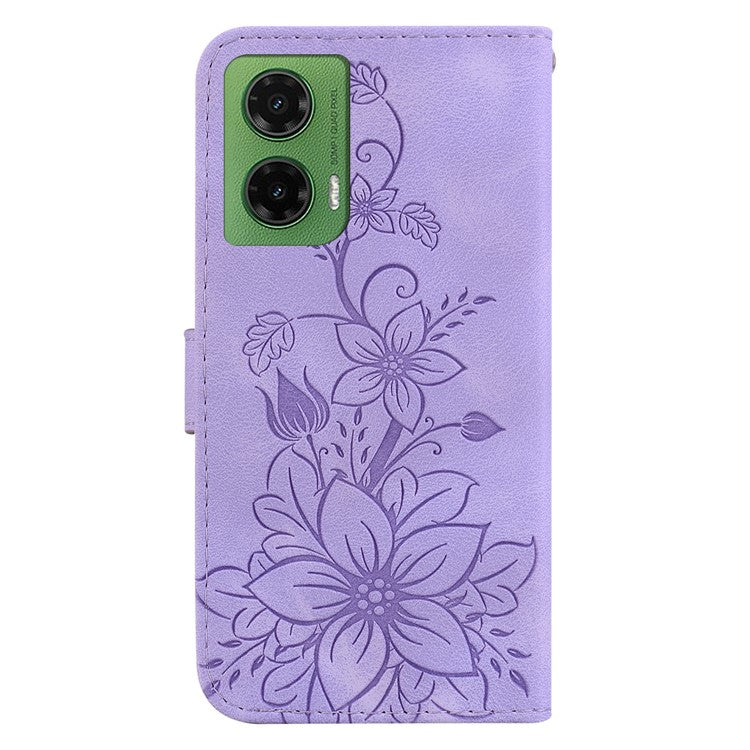 For Motorola Moto G35 5G Case Lily Flower Imprint Leather Phone Cover with Stand - Purple