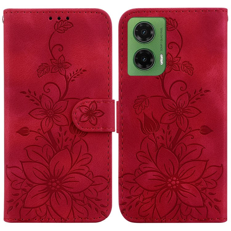 For Motorola Moto G35 5G Case Lily Flower Imprint Leather Phone Cover with Stand - Red