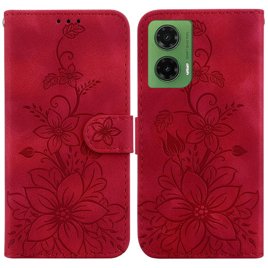 For Motorola Moto G35 5G Case Lily Flower Imprint Leather Phone Cover with Stand - Red