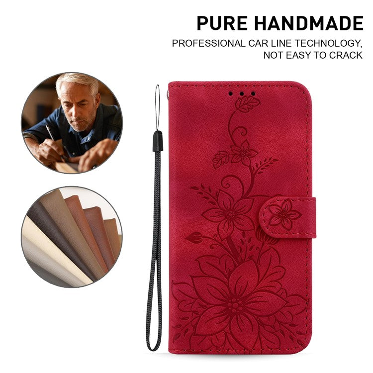 For Motorola Moto G35 5G Case Lily Flower Imprint Leather Phone Cover with Stand - Red