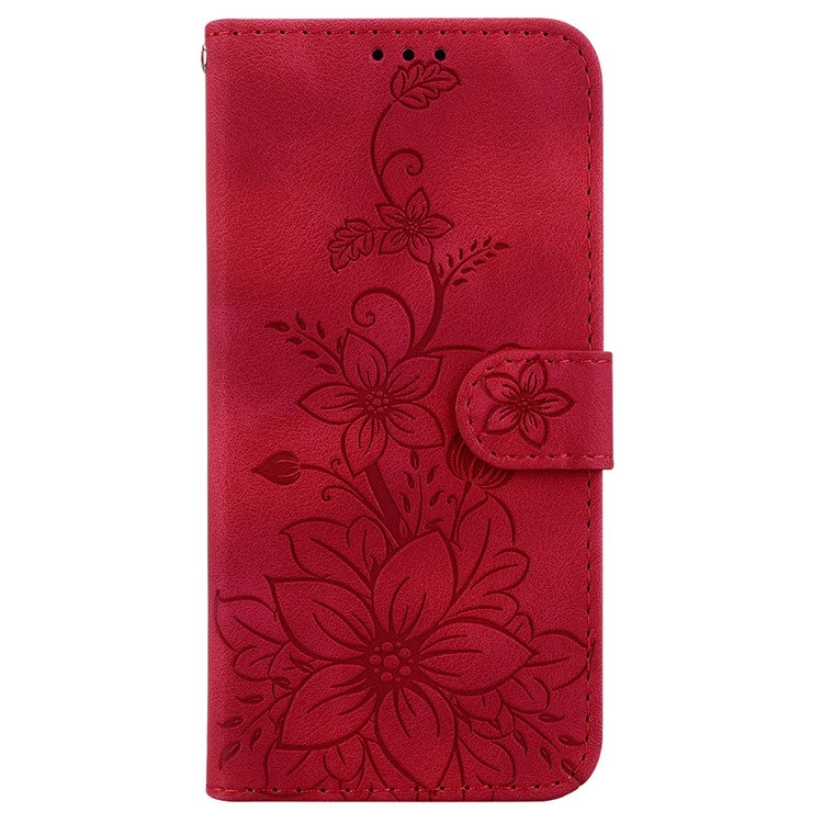 For Motorola Moto G35 5G Case Lily Flower Imprint Leather Phone Cover with Stand - Red