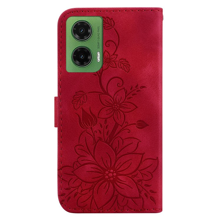For Motorola Moto G35 5G Case Lily Flower Imprint Leather Phone Cover with Stand - Red