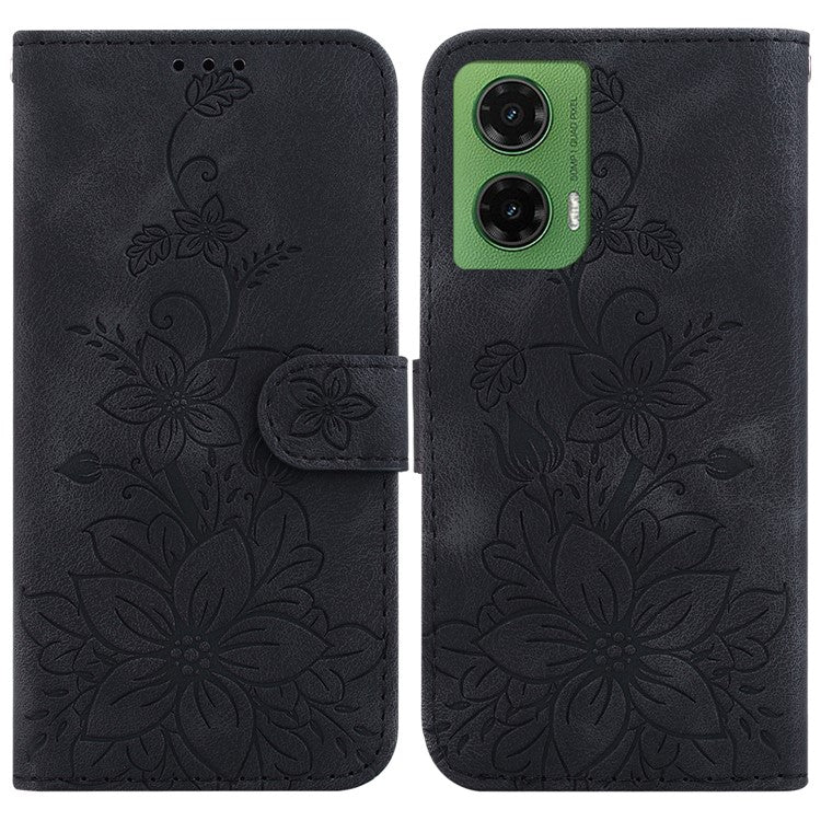 For Motorola Moto G35 5G Case Lily Flower Imprint Leather Phone Cover with Stand - Black