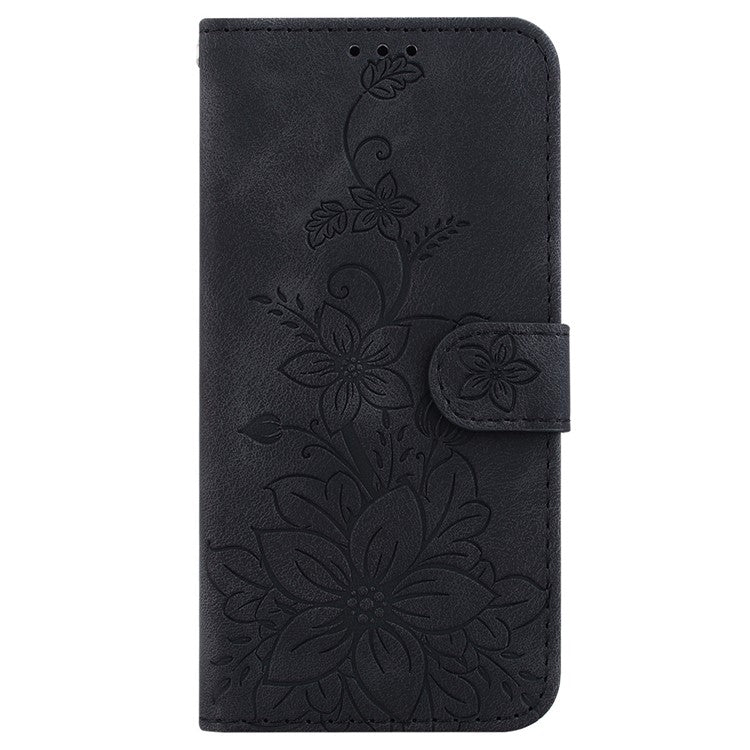 For Motorola Moto G35 5G Case Lily Flower Imprint Leather Phone Cover with Stand - Black