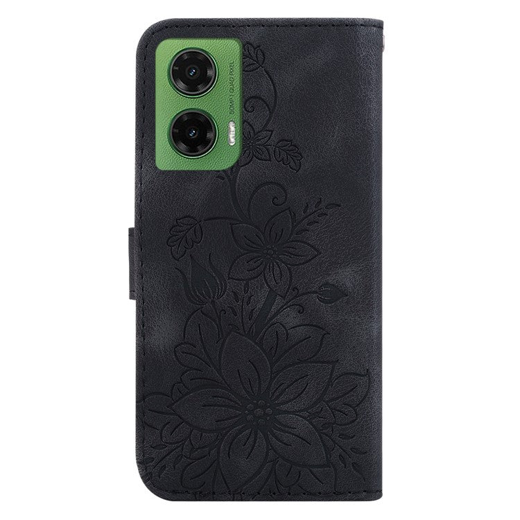For Motorola Moto G35 5G Case Lily Flower Imprint Leather Phone Cover with Stand - Black