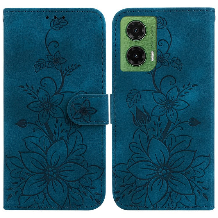 For Motorola Moto G35 5G Case Lily Flower Imprint Leather Phone Cover with Stand - Dark Blue