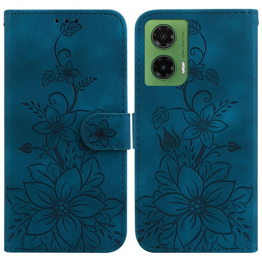 For Motorola Moto G35 5G Case Lily Flower Imprint Leather Phone Cover with Stand - Dark Blue