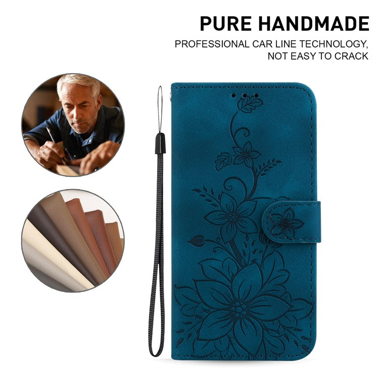 For Motorola Moto G35 5G Case Lily Flower Imprint Leather Phone Cover with Stand - Dark Blue