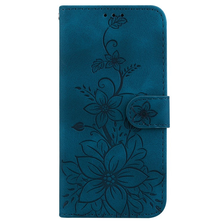 For Motorola Moto G35 5G Case Lily Flower Imprint Leather Phone Cover with Stand - Dark Blue