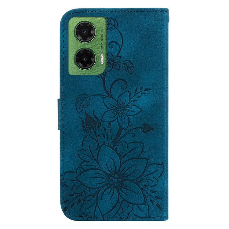 For Motorola Moto G35 5G Case Lily Flower Imprint Leather Phone Cover with Stand - Dark Blue