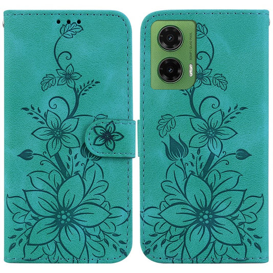 For Motorola Moto G35 5G Case Lily Flower Imprint Leather Phone Cover with Stand - Green