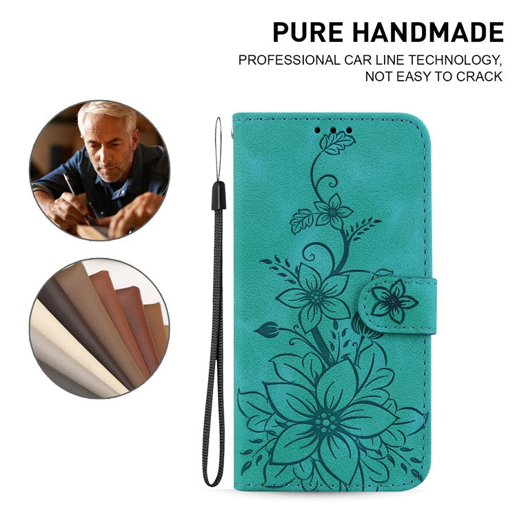 For Motorola Moto G35 5G Case Lily Flower Imprint Leather Phone Cover with Stand - Green