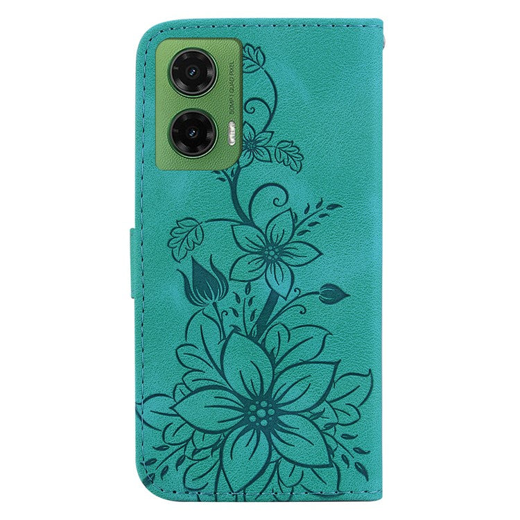 For Motorola Moto G35 5G Case Lily Flower Imprint Leather Phone Cover with Stand - Green