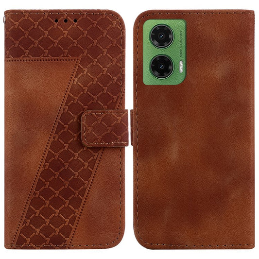 For Motorola Moto G35 5G Stand Case 7-Shaped Pattern Imprint Leather Phone Cover - Brown