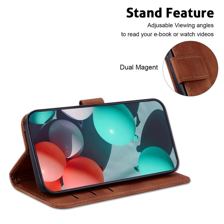 For Motorola Moto G35 5G Stand Case 7-Shaped Pattern Imprint Leather Phone Cover - Brown