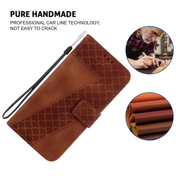 For Motorola Moto G35 5G Stand Case 7-Shaped Pattern Imprint Leather Phone Cover - Brown
