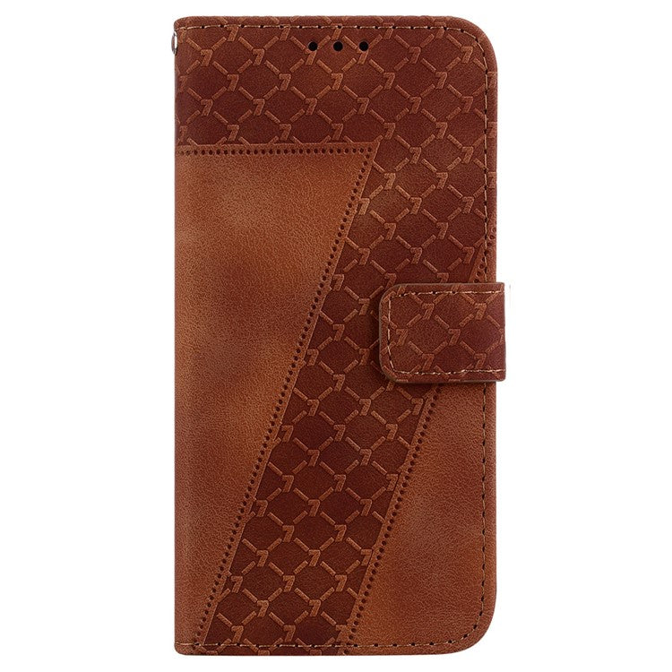For Motorola Moto G35 5G Stand Case 7-Shaped Pattern Imprint Leather Phone Cover - Brown