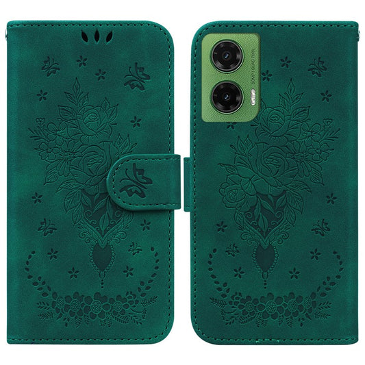 For Motorola Moto G35 5G Case PU Leather Wallet Phone Cover Butterfly Flower Imprint - Green