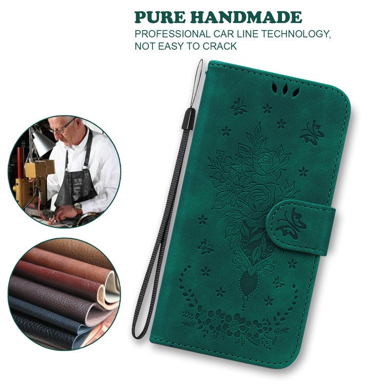 For Motorola Moto G35 5G Case PU Leather Wallet Phone Cover Butterfly Flower Imprint - Green
