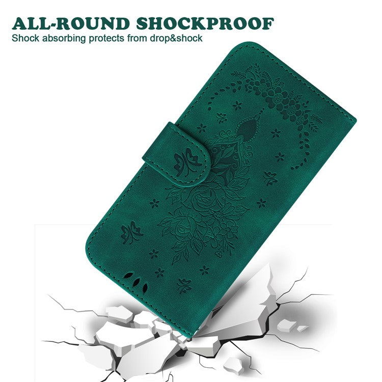 For Motorola Moto G35 5G Case PU Leather Wallet Phone Cover Butterfly Flower Imprint - Green