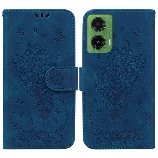 For Motorola Moto G35 5G Case PU Leather Wallet Phone Cover Butterfly Flower Imprint - Blue