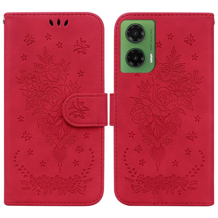 For Motorola Moto G35 5G Case PU Leather Wallet Phone Cover Butterfly Flower Imprint - Red