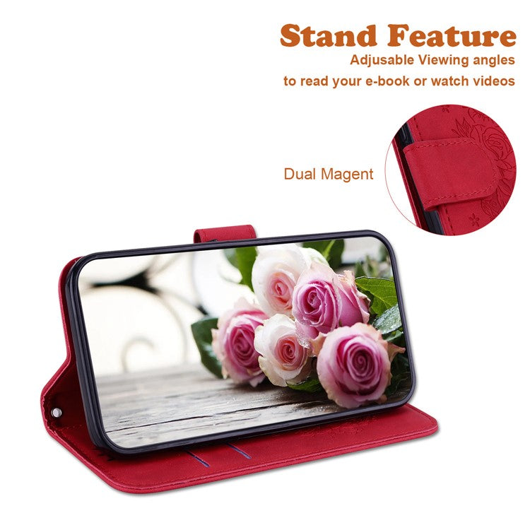 For Motorola Moto G35 5G Case PU Leather Wallet Phone Cover Butterfly Flower Imprint - Red