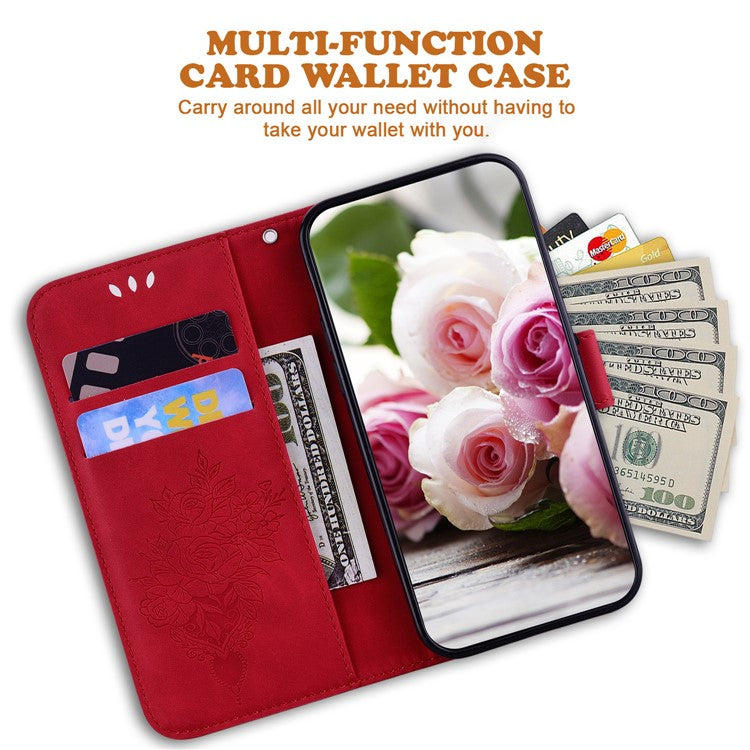 For Motorola Moto G35 5G Case PU Leather Wallet Phone Cover Butterfly Flower Imprint - Red