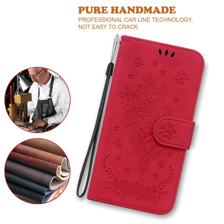 For Motorola Moto G35 5G Case PU Leather Wallet Phone Cover Butterfly Flower Imprint - Red