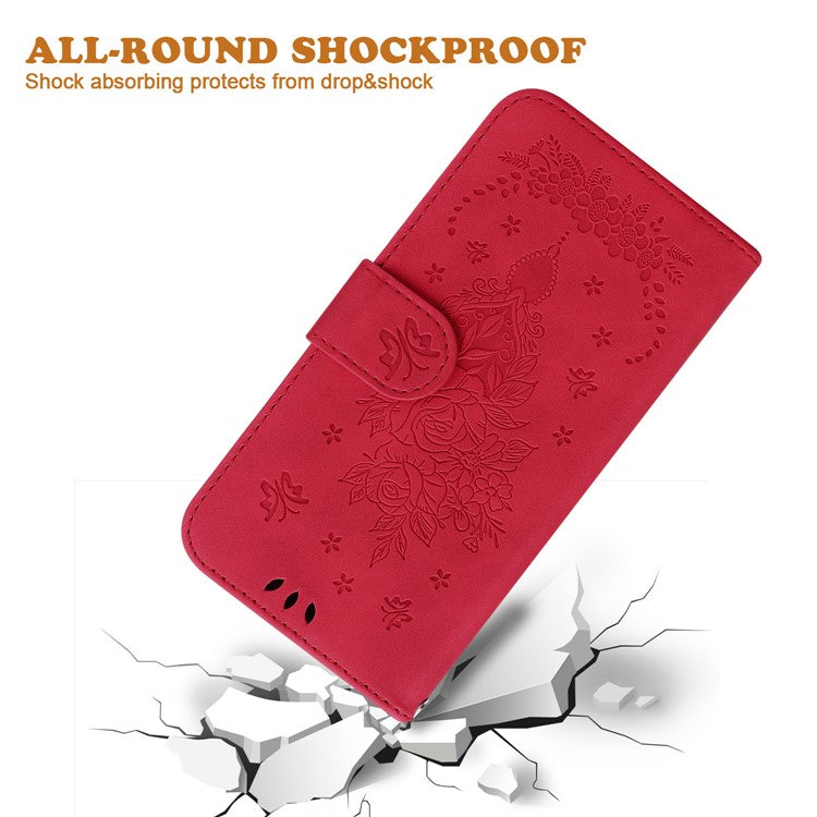 For Motorola Moto G35 5G Case PU Leather Wallet Phone Cover Butterfly Flower Imprint - Red