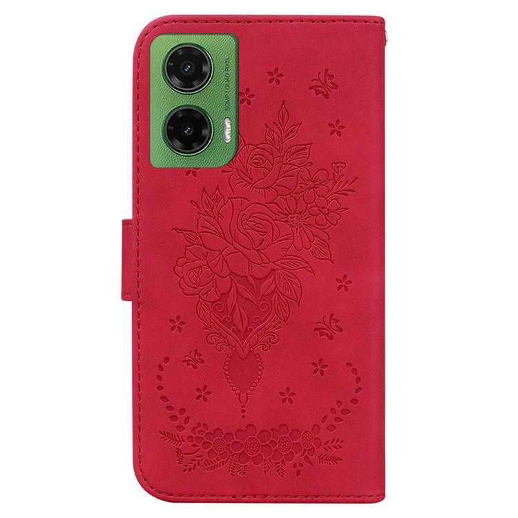 For Motorola Moto G35 5G Case PU Leather Wallet Phone Cover Butterfly Flower Imprint - Red