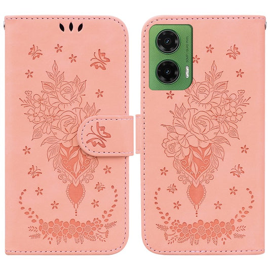 For Motorola Moto G35 5G Case PU Leather Wallet Phone Cover Butterfly Flower Imprint - Pink