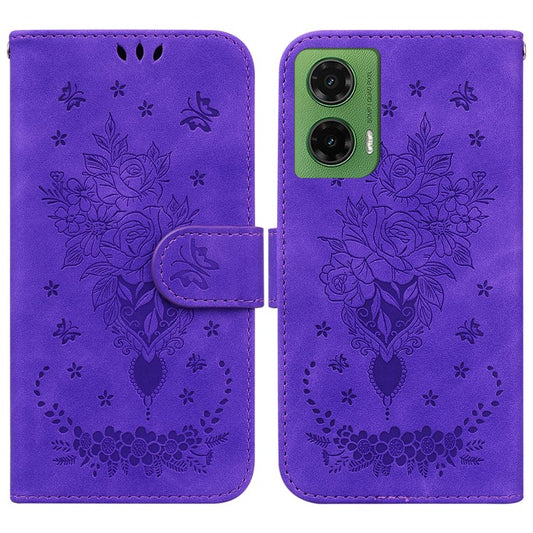 For Motorola Moto G35 5G Case PU Leather Wallet Phone Cover Butterfly Flower Imprint - Purple