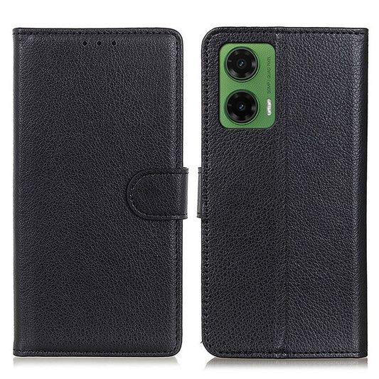 For Motorola Moto G35 5G Wallet Case PU Leather Phone Cover Litchi Texture - Black