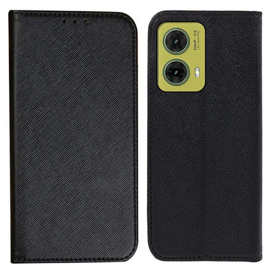 For Motorola Moto G35 5G Case Cross Texture Leather Phone Cover Hidden Magnetic - Black