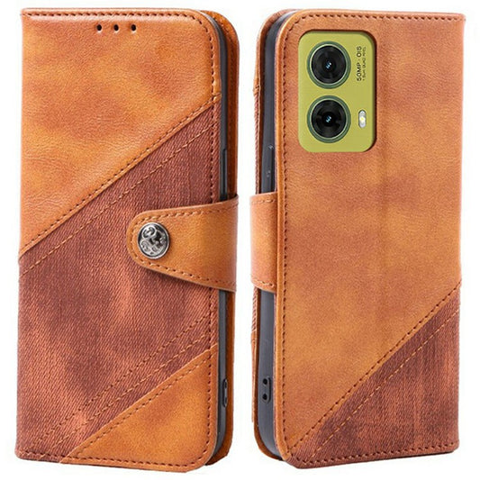For Motorola Moto G35 5G Case Splicing Texture Leather Phone Cover Viewing Stand - Brown
