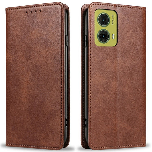 For Motorola Moto G35 5G Case Strong Magnetic PU Leather Phone Cover Calf Texture - Brown