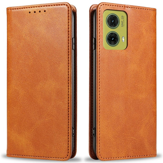 For Motorola Moto G35 5G Case Strong Magnetic PU Leather Phone Cover Calf Texture - Khaki