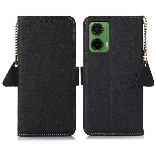 TJ For Motorola Moto G35 5G Case RFID Blocking Genuine Cow Leather Phone Cover - Black