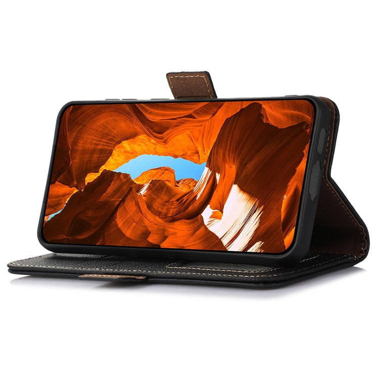 TJ For Motorola Moto G35 5G Case RFID Blocking Genuine Cow Leather Phone Cover - Black