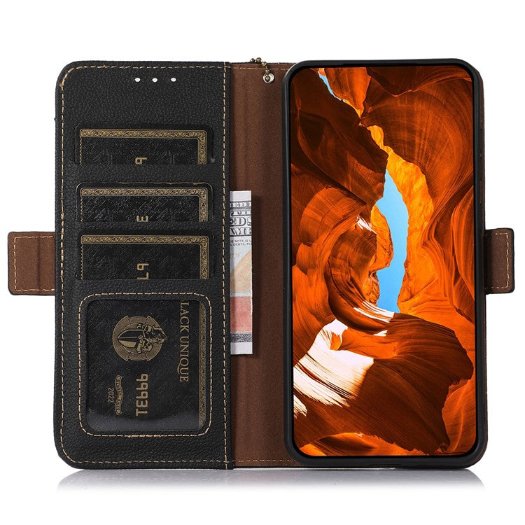 TJ For Motorola Moto G35 5G Case RFID Blocking Genuine Cow Leather Phone Cover - Black