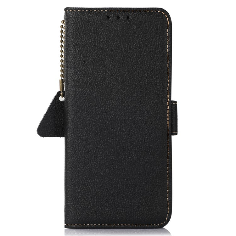 TJ For Motorola Moto G35 5G Case RFID Blocking Genuine Cow Leather Phone Cover - Black