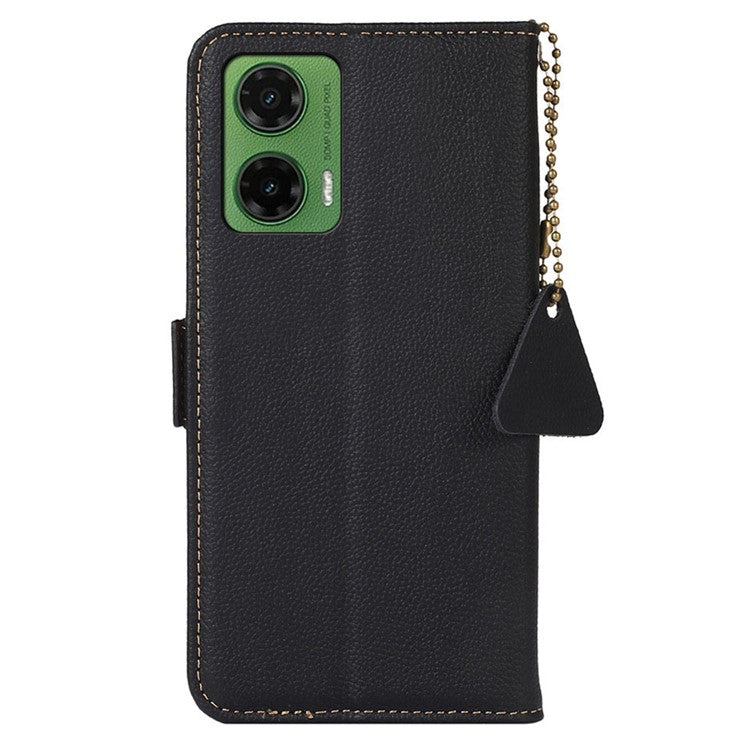 TJ For Motorola Moto G35 5G Case RFID Blocking Genuine Cow Leather Phone Cover - Black